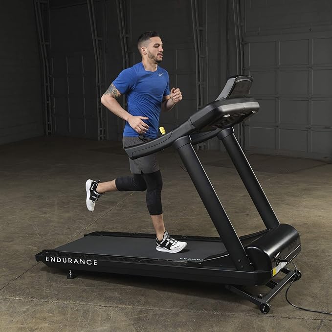 Body-Solid T150 Commercial Treadmill - front three-quarter view showing console and running deck