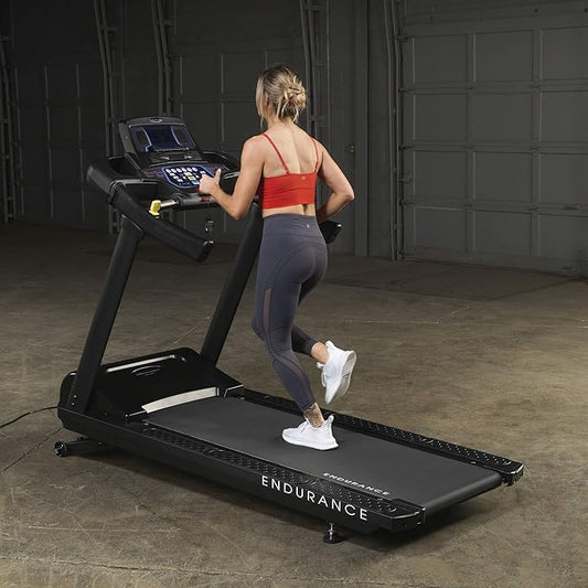 Body-Solid T150 Commercial Treadmill - side view displaying motor housing and frame