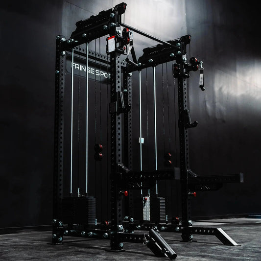 Fringe Sport The Dane 2.0 Half Rack - angled view showing functional trainer and multi-grip pull-up bar