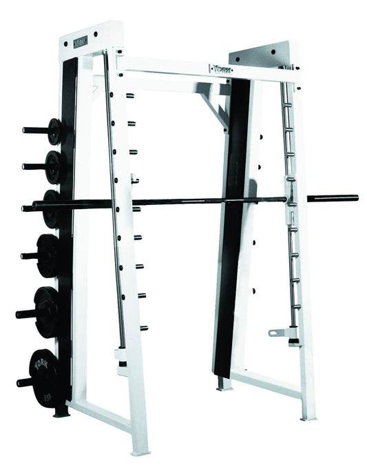 York Barbell STS Counter-Balanced Smith Machine - full machine view with weight plate storage