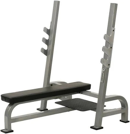 York Barbell STS Olympic Flat Bench - detailed view of flat bench press setup