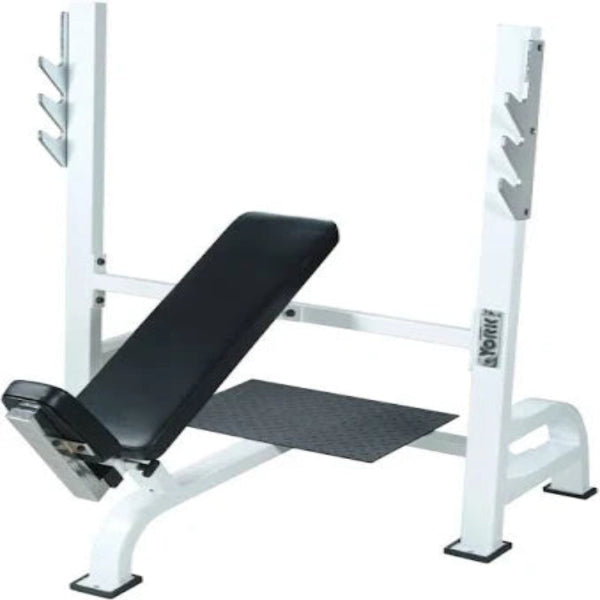 York Barbell STS Olympic Incline Bench Press - product image showing incline angle and barbell holders