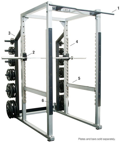 York Barbell STS Power Rack - detailed view of hook plate storage system