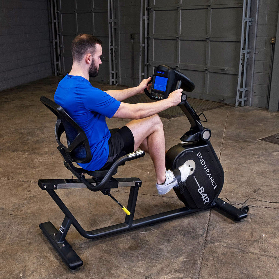 Body-Solid B4R Recumbent Bike - angled view displaying console and handlebars