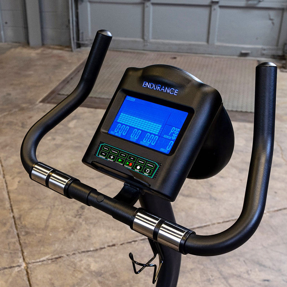 Body-Solid B4U Upright Bike - angled view displaying LCD console and handlebars