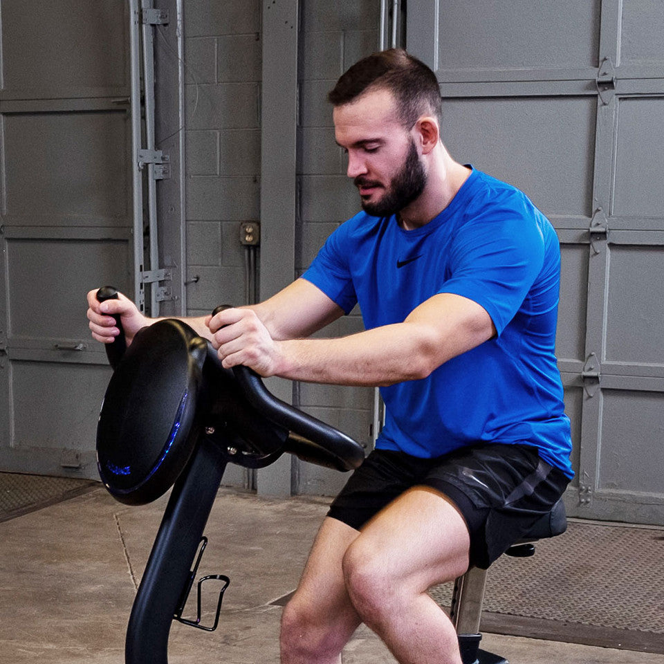 Body-Solid B4U Upright Bike - three-quarter view highlighting compact footprint