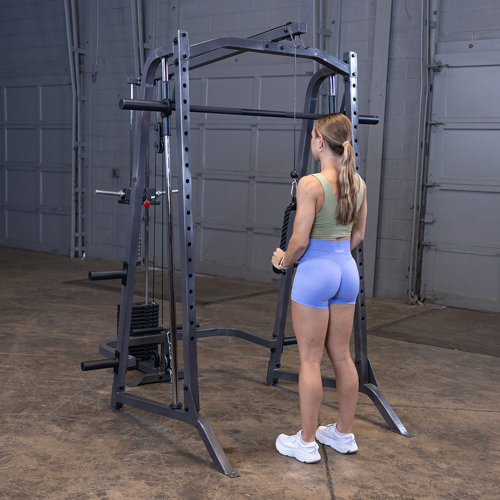Body-Solid Powerline Smith PSM200LAT - angled view displaying lat pulldown attachment