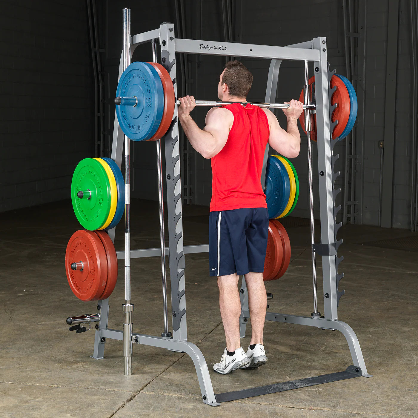 Body-Solid Series 7 Smith Machine GS348Q - angled view displaying weight plate storage