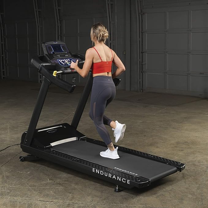 Body-Solid T150 Commercial Treadmill - side view displaying motor housing and frame