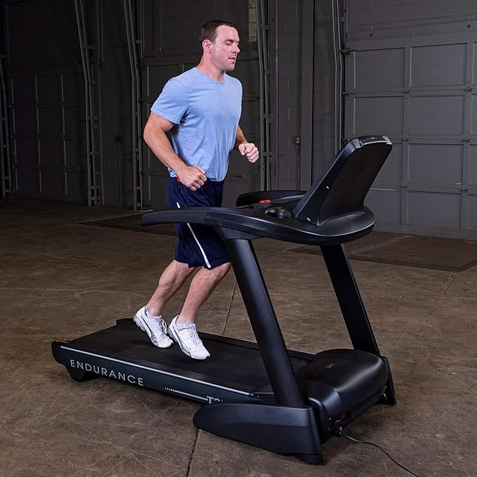 Body-Solid T25 Folding Treadmill - front view showing LCD console and running surface