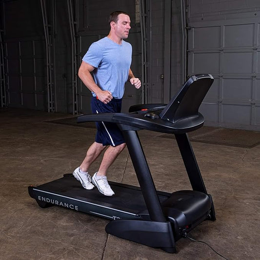 Body-Solid T25 Folding Treadmill - front view showing LCD console and running surface