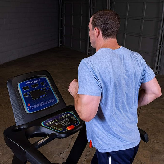 Body-Solid T25 Folding Treadmill - side view displaying folding mechanism and wheels