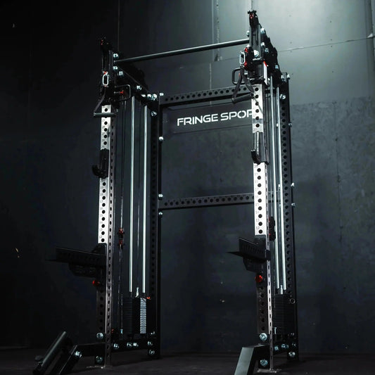 Fringe Sport The Dane 2.0 Half Rack - complete setup with lat pulldown, pegboard, and accessories