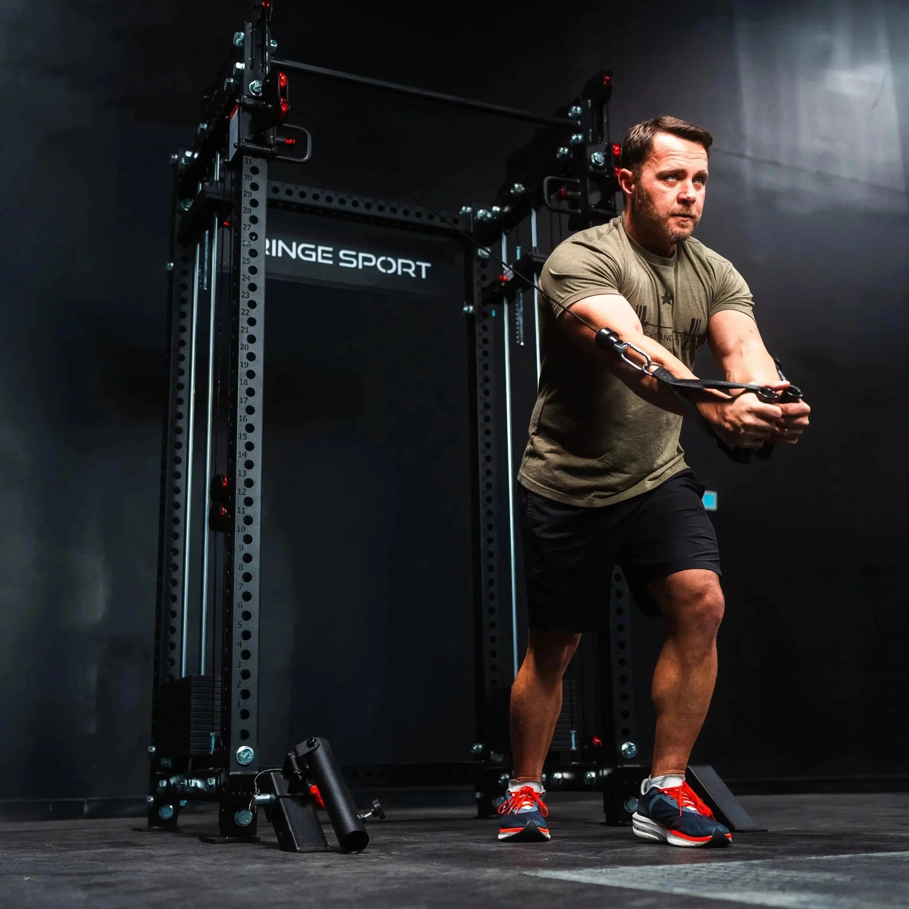 Fringe Sport The Dane 2.0 Half Rack - detailed view of lat pulldown seat and cable pulleys