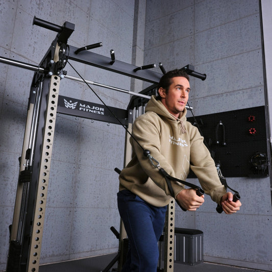 Major Fitness B52 Pro Smith Machine - side angle view displaying smith bar and safety catches