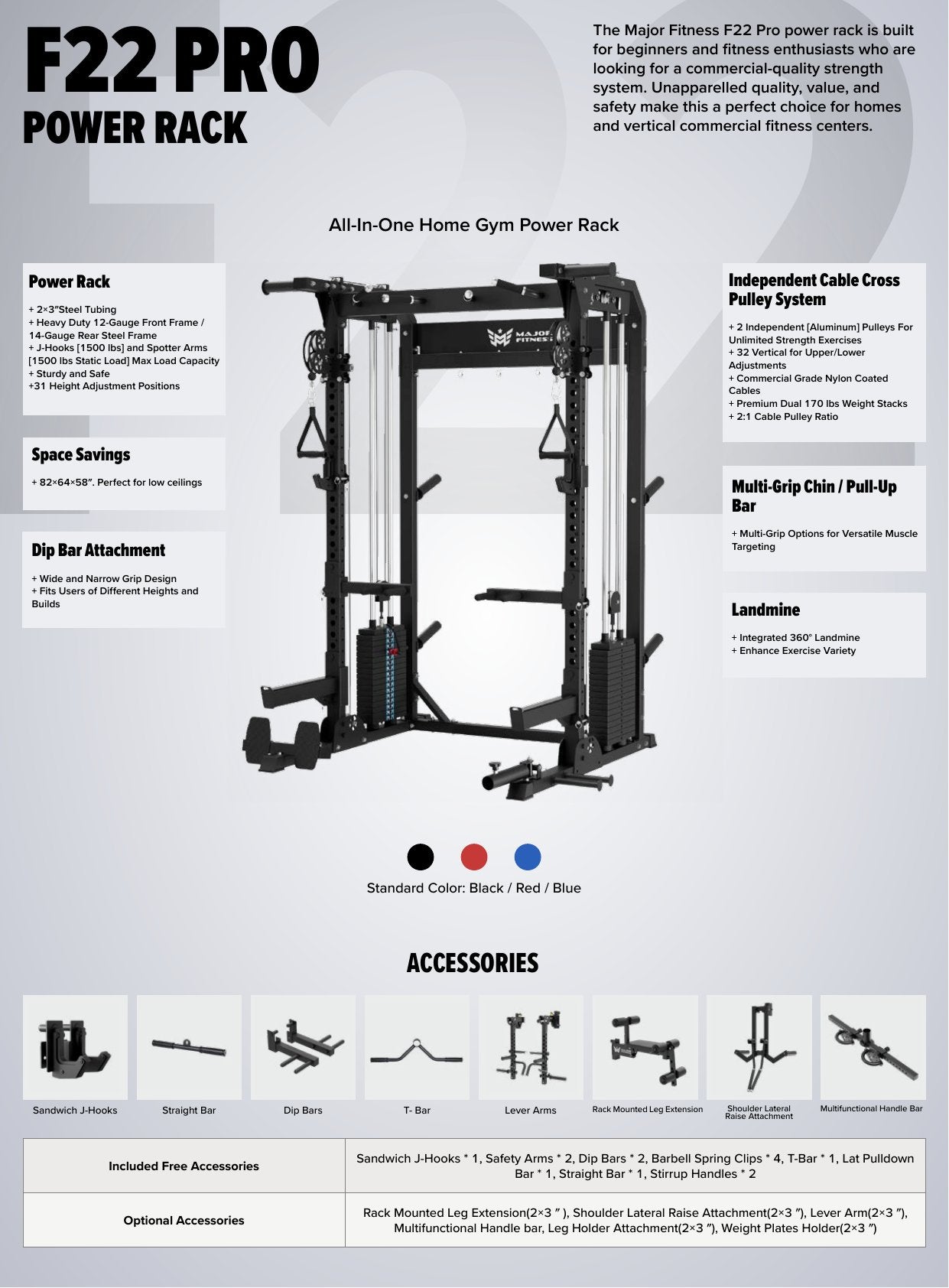 Major Fitness F22 Pro Power Rack - technical specifications and dimensions page 1