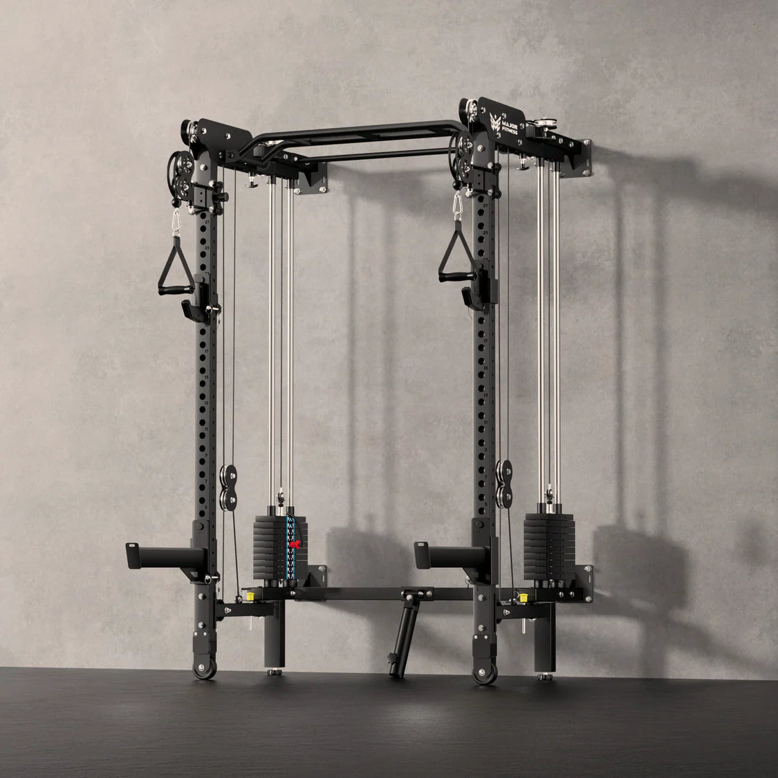 Major Fitness Lightning F35 Pro Power Rack - 45-degree angle showing J-hooks and safety bars