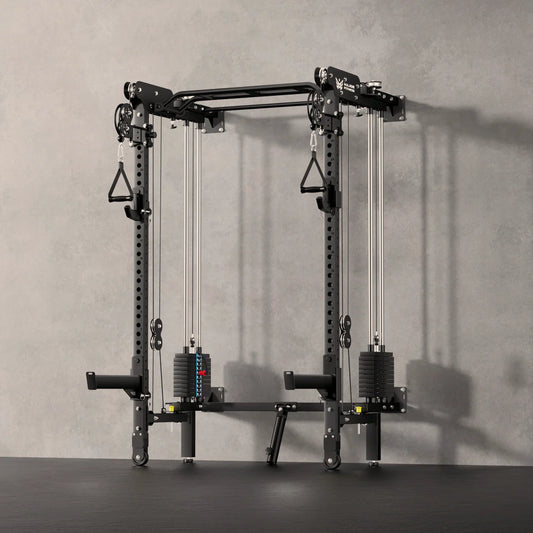 Major Fitness Lightning F35 Pro Power Rack - 45-degree angle showing J-hooks and safety bars