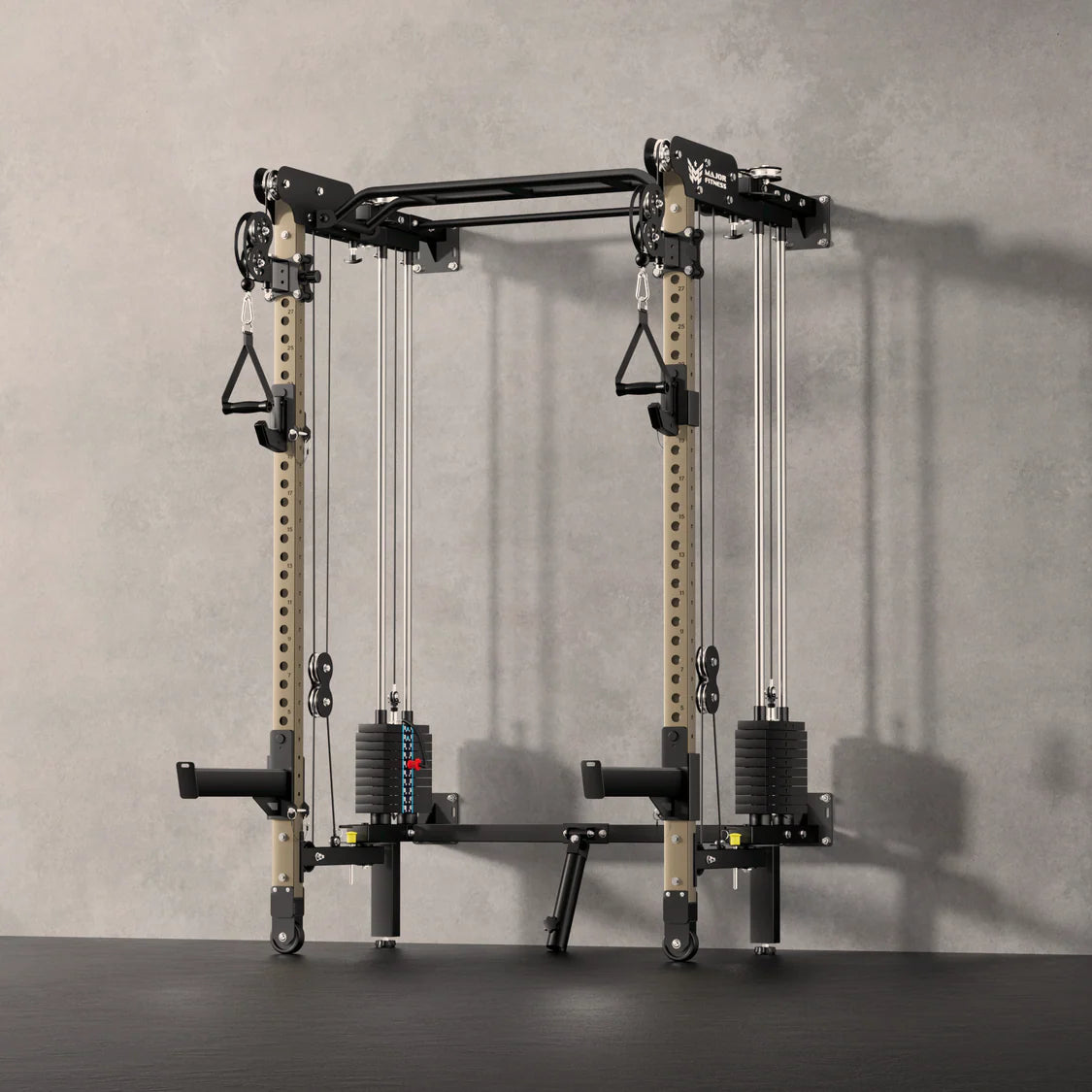 Major Fitness Lightning F35 Pro Power Rack - angled view displaying lat pulldown attachment