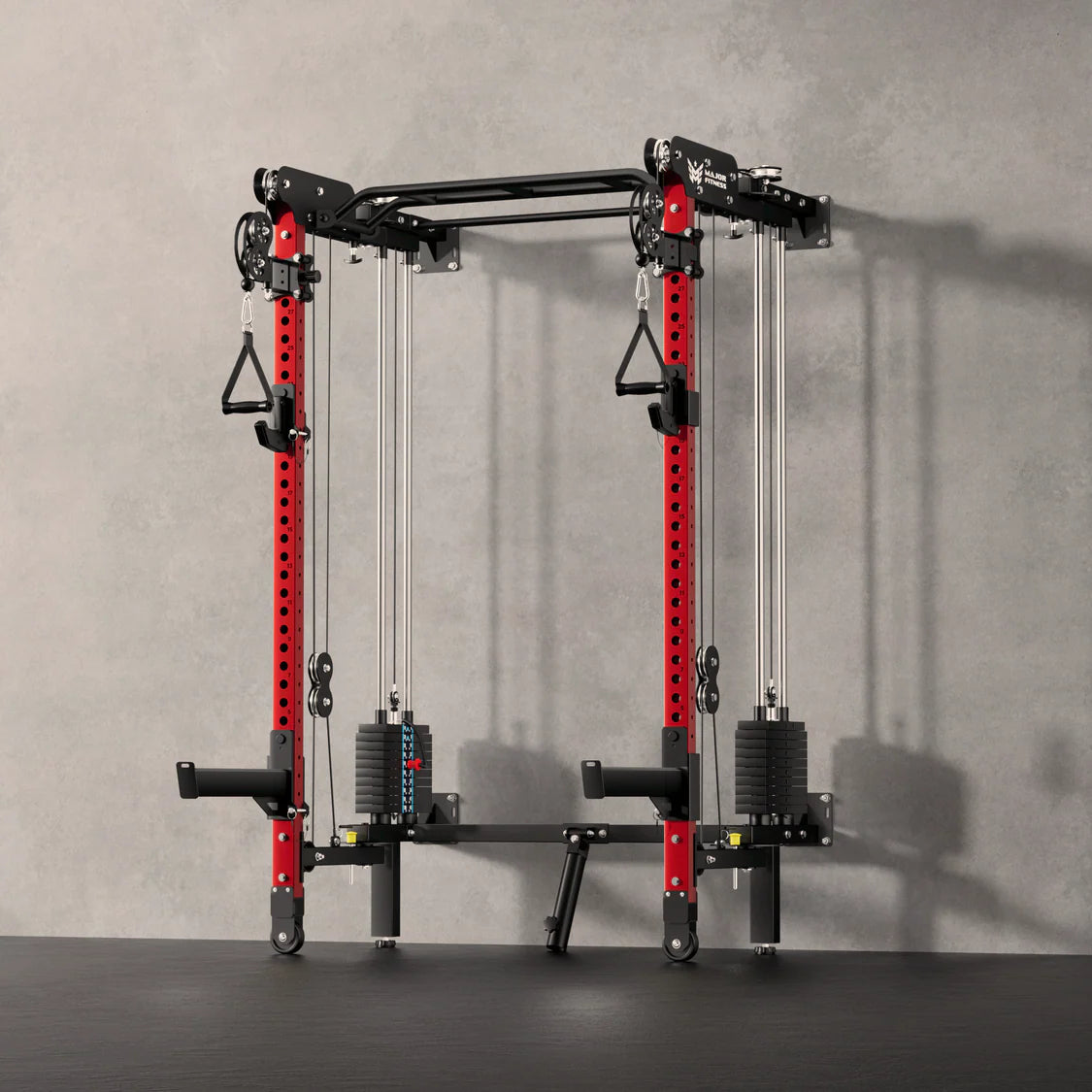 Major Fitness Lightning F35 Pro Power Rack - side view with pull-up bar and weight storage