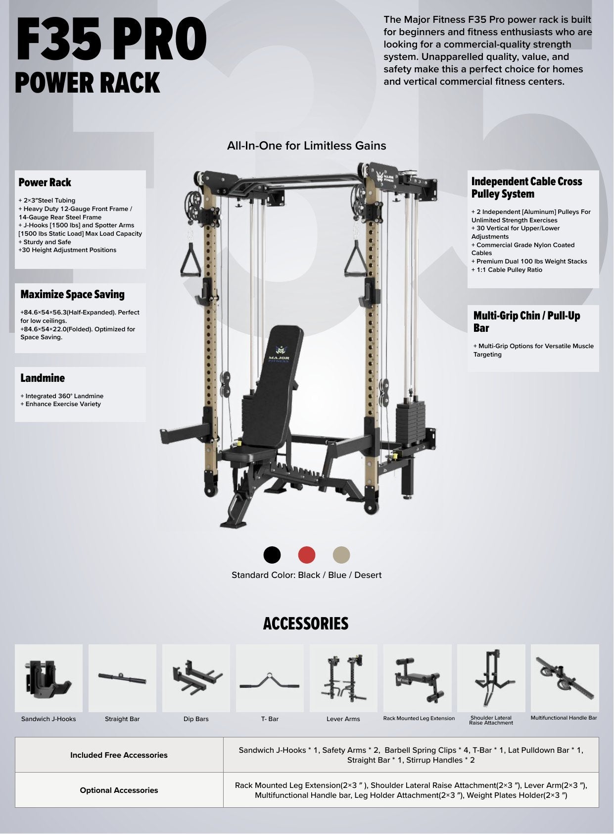 Major Fitness Lightning F35 Pro Power Rack - technical specifications and dimensions page 1