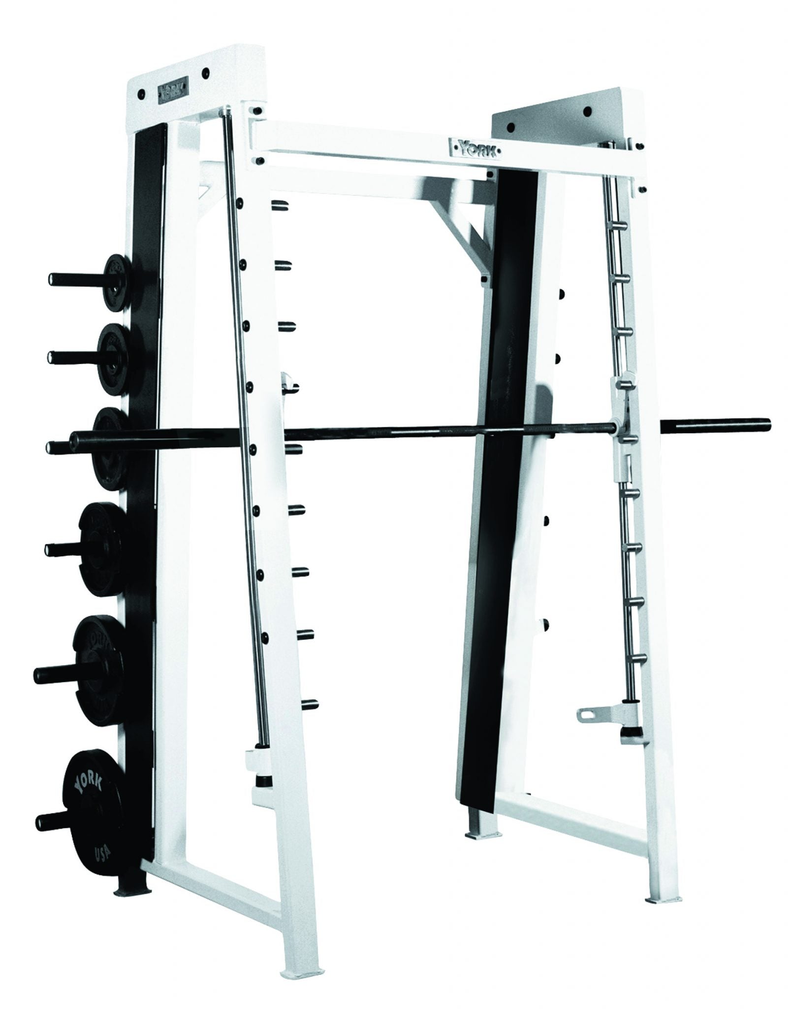 York Barbell STS Counter-Balanced Smith Machine - full machine view with weight plate storage