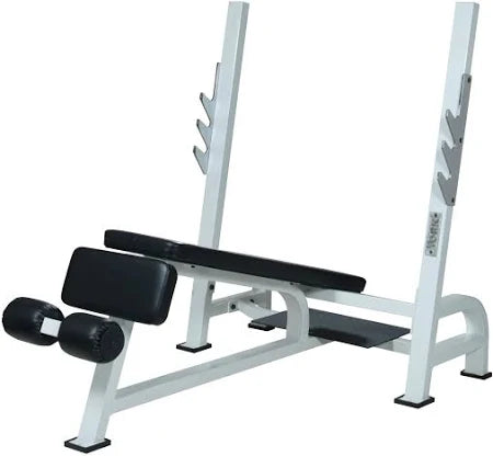 York Barbell STS Olympic Decline Bench Press - front view with barbell holders and safety features