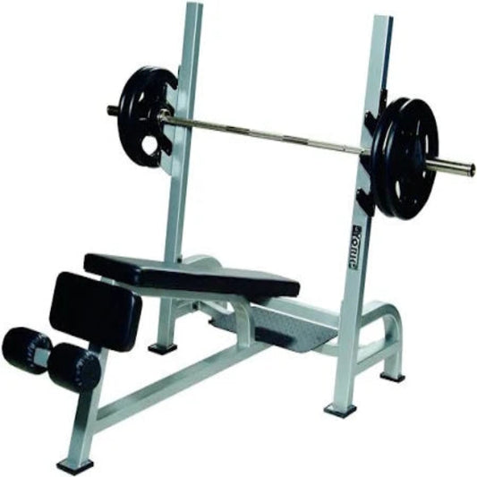 York Barbell STS Olympic Decline Bench Press - product view showing decline angle and gun racks