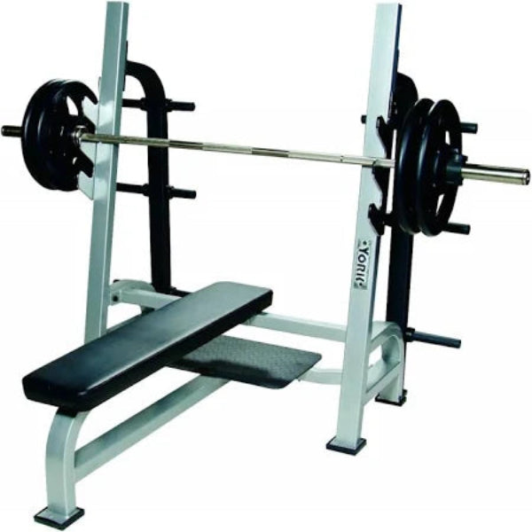 York Barbell STS Olympic Flat Bench - front view with gun racks and flat bench pad