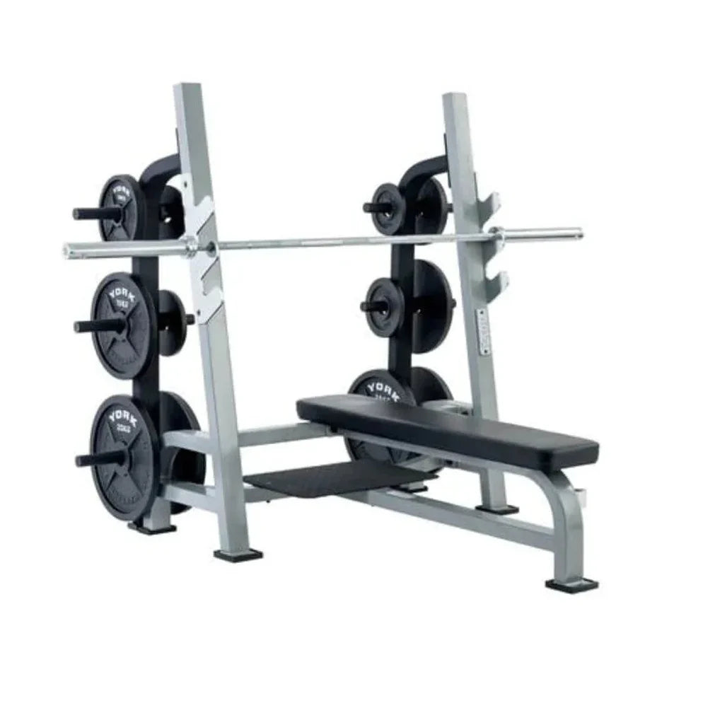 York Barbell STS Olympic Flat Bench - product image highlighting barbell rack system