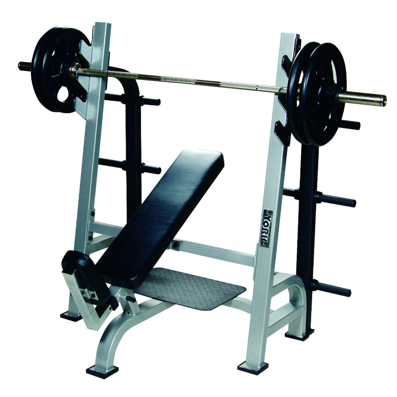 York Barbell STS Olympic Incline Bench Press - front view with gun racks and adjustable seat