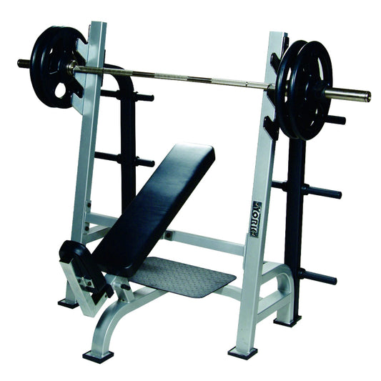 York Barbell STS Olympic Incline Bench Press - front view with gun racks and adjustable seat