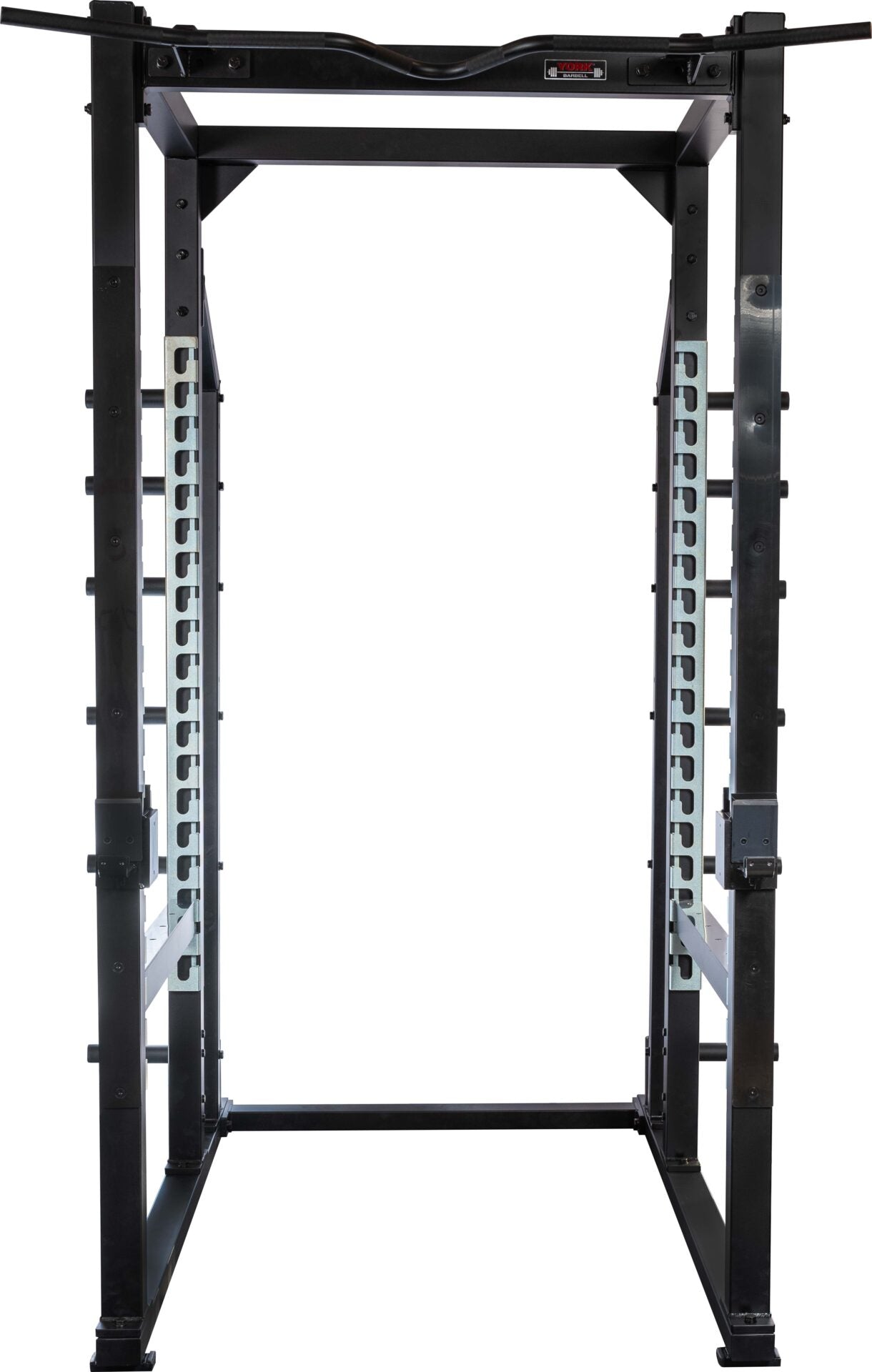 York Barbell STS Power Rack - detailed view of hook plate storage system