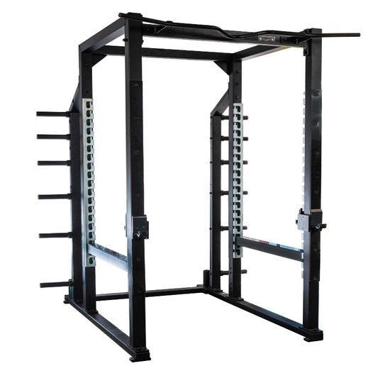 York Barbell STS Power Rack - front view with hook plates and safety bars