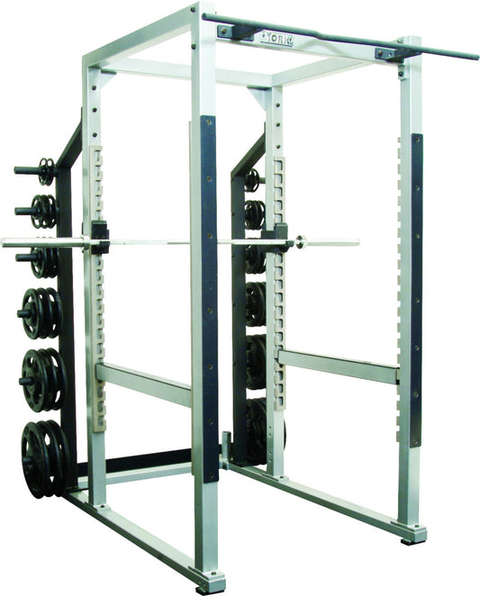 York Barbell STS Power Rack - full rack setup showing J-hooks and spotter arms